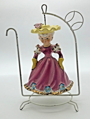 Vintage Porcelain Fancy Lady in Hat Spinning Figurine with Stand Unusual #3339