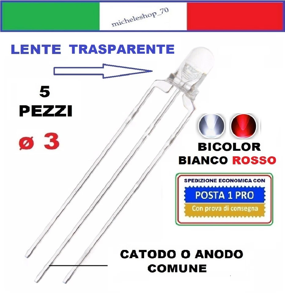 diodo led bicolore bianco/rosso 3pin catodo/anodo comune ø 3 lente trasparente