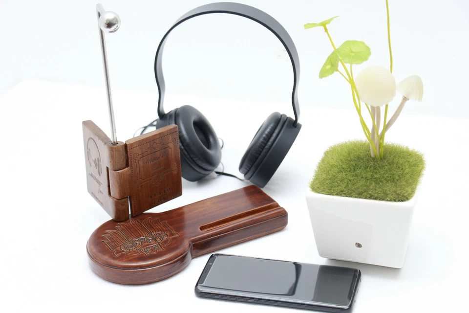 Soporte universal de madera para auriculares soporte para teléfono móvil pantalla para auriculares personalizar Foto 2 de 4
