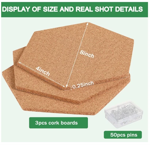 3-Pack Self-Adhesive Hexagonal Cork Wall Bulliton Board Tiles with 50 Push-Pins - Image 2 of 4