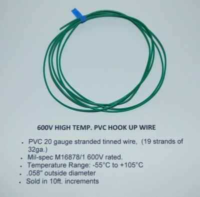 GREEN  600V wire, PVC 20 gauge, Mil-Spec. tinned tube amp hookup wire, 10 ft.