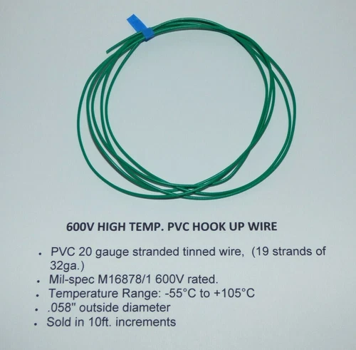 GREEN  600V wire, PVC 20 gauge, Mil-Spec. tinned tube amp hookup wire, 10 ft.