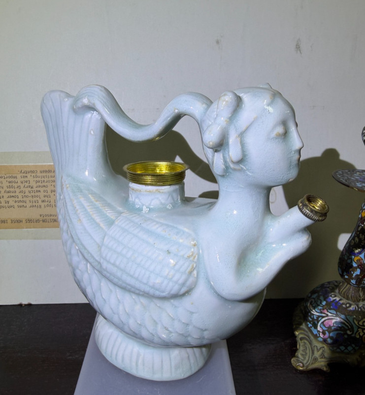 Unusual Vtg. Large Chinese HK Export Porcelain Figure Pot, Pale Celadon Color