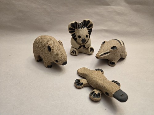 Australian Folk Art Unglazed Pottery Set Of 4 Outback Animals
