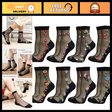 Ultra-Thin Sheer Mesh Fishnet Ankle Socks for Women - Lace Floral Design, Casual