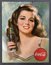 Coca Cola Beautiful Brunette TIN SIGN Vintage Reproduction Metal 16"x 12.5"