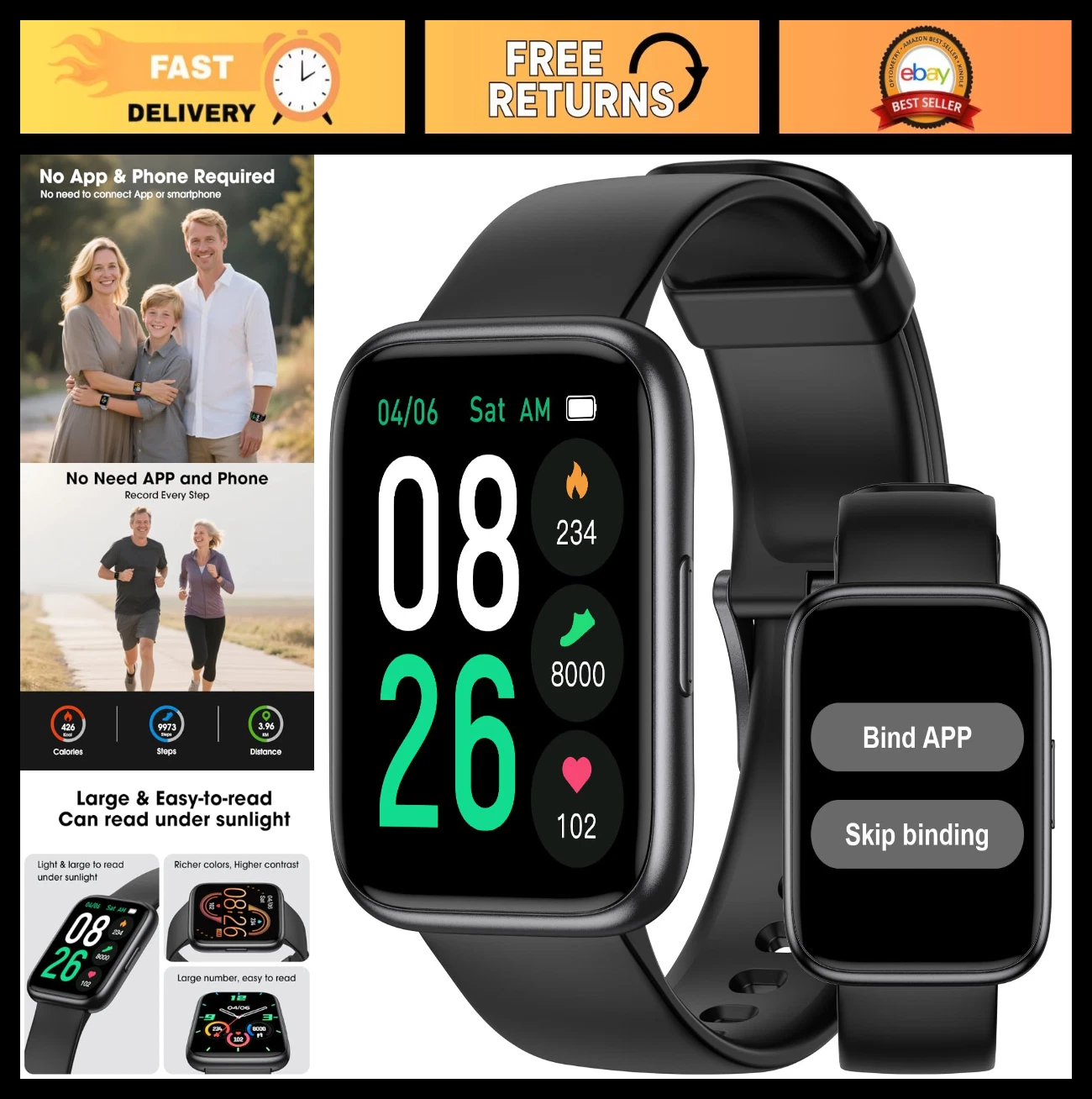 Waterproof Fitness Tracker Watch - Step Counter, Calories & Sleep Monitor for Se
