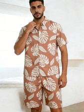 Men's Summer Outfit 2-Piece Set Short Sleeve Button Shirts and Shorts Sweatsuit