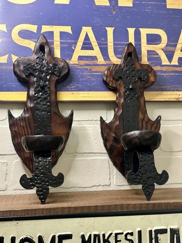 VTG Pair of Handcarved Wood/Black Forged Iron Fleur de Lis Spanish Wall Sconces - Picture 9 of 21