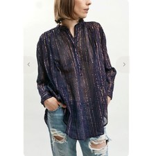 Ulla Johnson Sz 2 Navy Copper Metallic Stripe Momo Tunic Sheer High Low Blouse