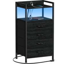 Furnulem Night Stand with Charging Station, Black Nightstand with Drawers and Le