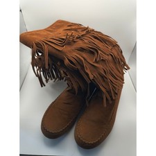 Vintage Fringe Boots 6-6.5 Brown Suede Moccasin Western Festival Boho Zipper