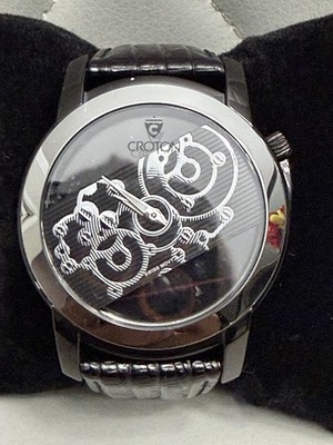 Croton Quartz Skeleton Black Dial Wristwatch Sapphire Tungsten Leather Strap