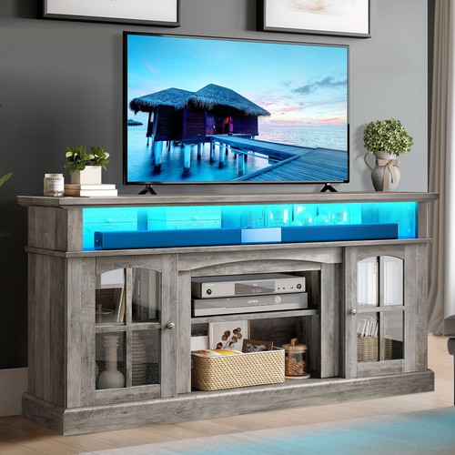 LED Farmhouse TV Stand for 75" w/Outlets Glass Doors Adjustable Storage Shelves