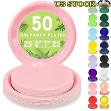Disposable Pink Paper Plates Set 50 Count Sturdy Dinner Dessert Party Supplies