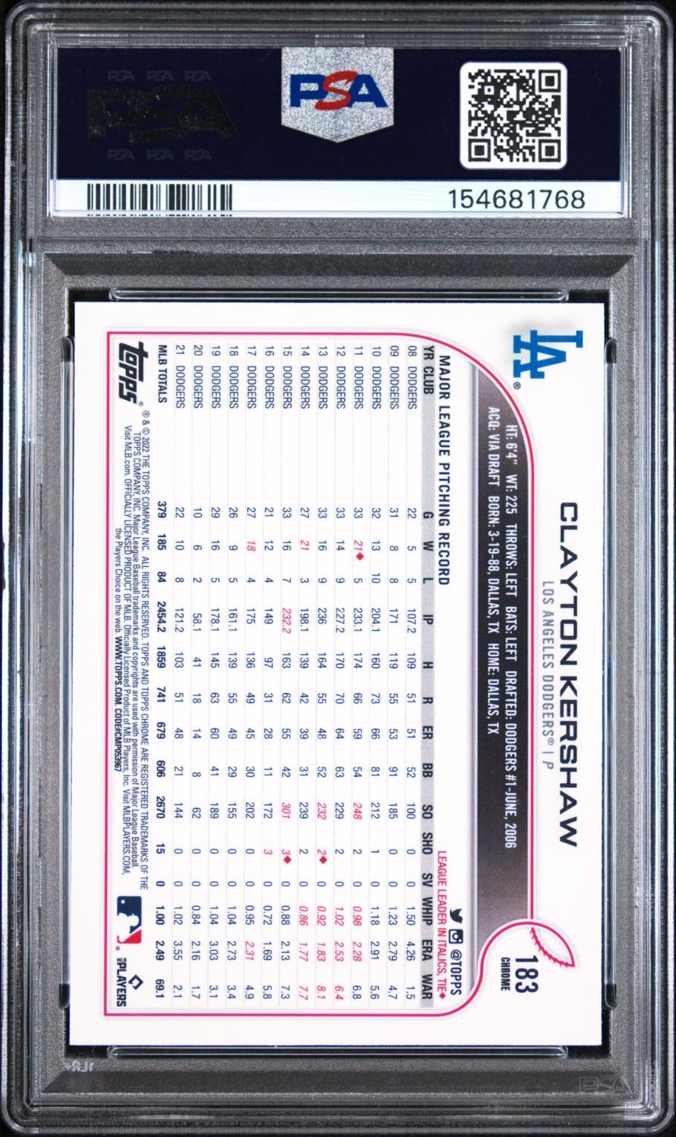 Clayton Kershaw 2022 Topps Chrome #183 Pink Refractor PSA 9 view 2