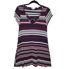 Socialite Striped Short Sleeve Midi V-Neck T-Shirt Swing Style Dress Sz Medium 