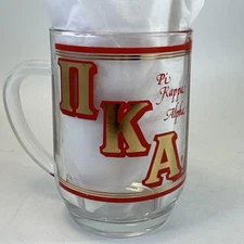 Vintage Pi Kappa Alpha PKA Glass Beer Mug Red Gold Crest Fraternity
