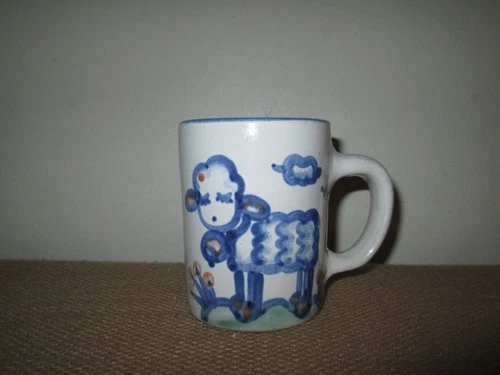 Vintage M. A. HADLEY Pottery Hand-Painted Lamb 8 Oz Coffee Cups Mugs "The End"