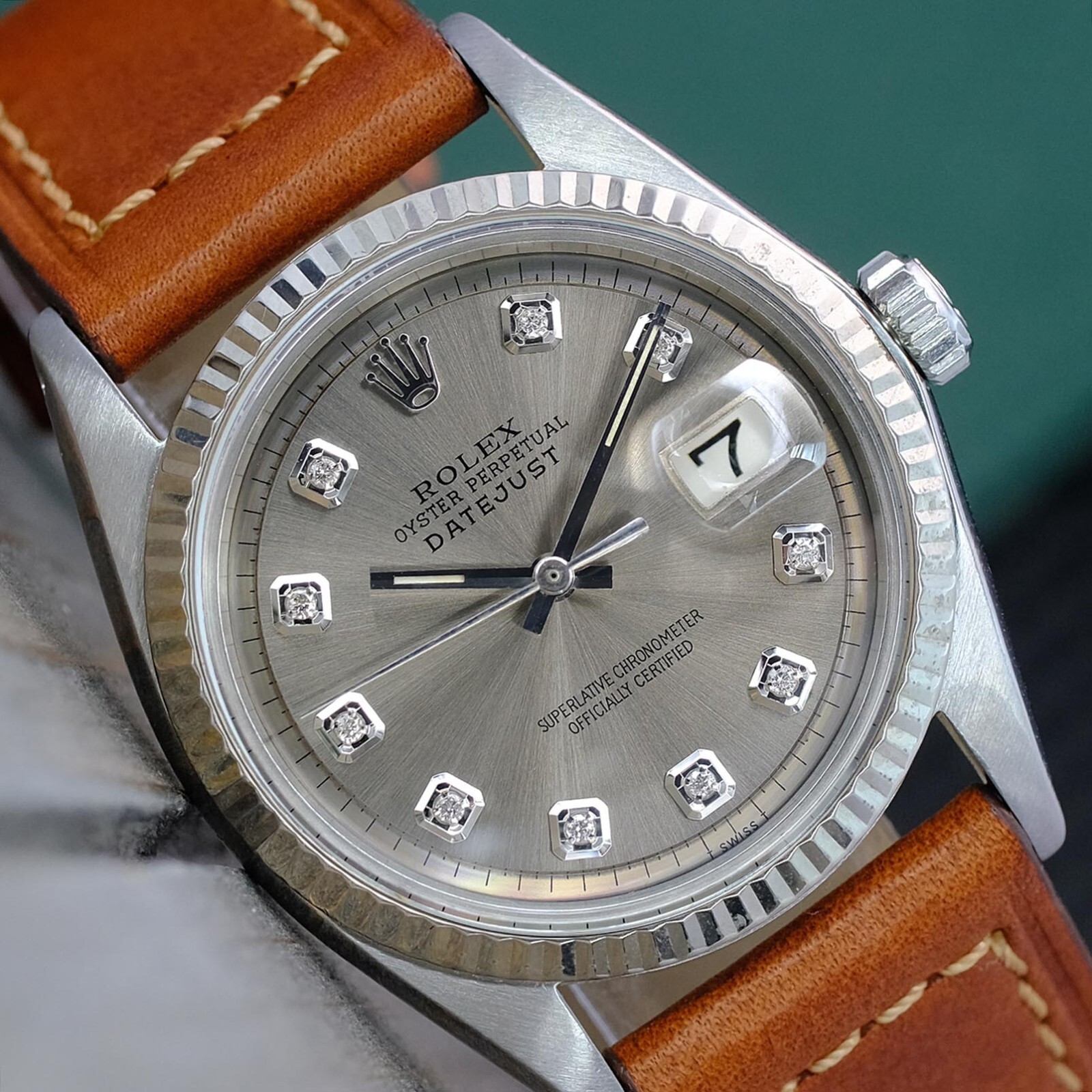 ROLEX DATEJUST MENS STAINLESS STEEL WATCH GREY DIAMOND DIAL W