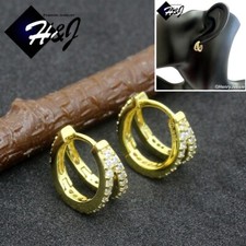 WOMEN 925 STERLING SILVER ICY CZ GOLD PLATED DOUBLE HOOP HUGGIE EARRING GE248