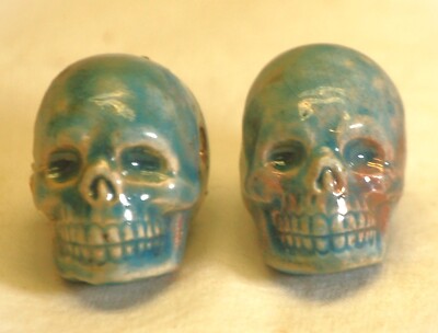 Jewelry Skeleton Skulls Ceramic Blue Tone Beads Pair