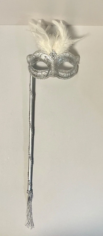 Authentic Venetian Face Mask Silver Fancy Dress Masquerade Handmade Real Feather - Image 3 of 4