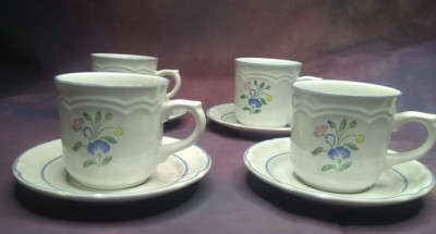 Hearthside Floral Expression 4 Flat Cup and Saucer Sets Made Mexico  