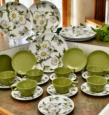 Texas Ware DAISY Melmac Melamine 6 10" Dinner Plates 7 Coffee Cups 8 Saucers +++