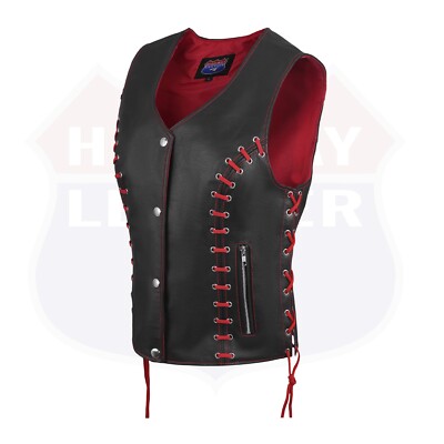 HL14859REDEYELET Women's Red/Black Buffalo Leather Vest with