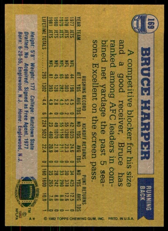 1982 Topps: Bruce Harper New York Jets #169. - Image 2 of 2
