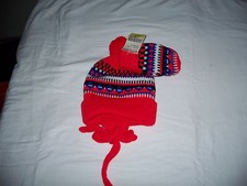 Vintage 90's Toddler Knit Matching Hat  Mitten Set 1 Size Red Base Colorful NWT