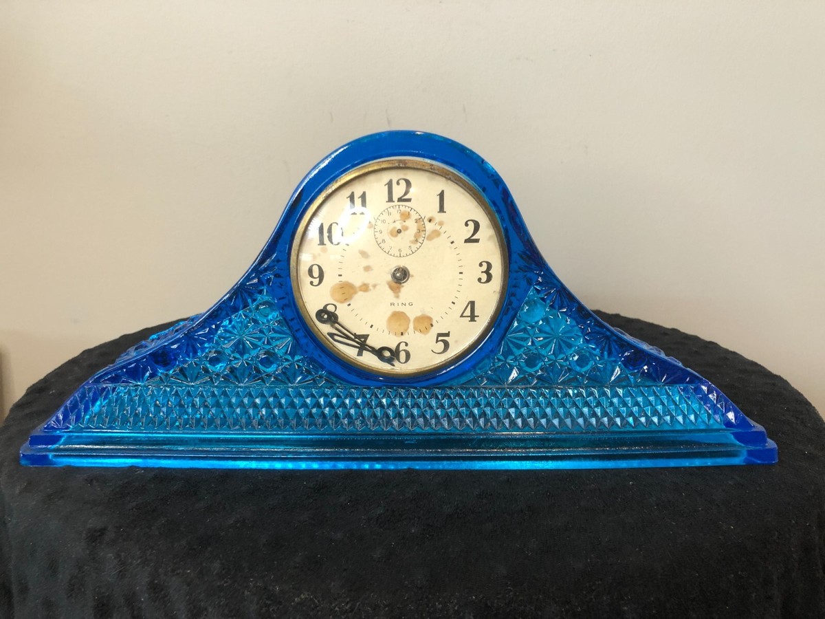 Antique McKee Glass Tambour Blue Clock Body Daisy & Button, Needs