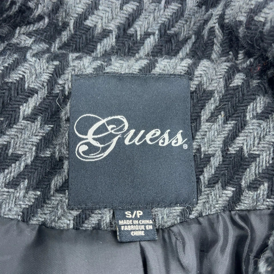 Chaqueta Guess Mujer Pequeña Negra Gris Pata de Gallo Cuadros Mezcla de Lana Chaquetón con Cinturón Foto 3 de 4