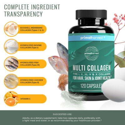 Primal Harvest Multi Collagen Overall Health120 Caps 3 Bottles(I, II, III,V,X) 