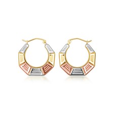 14K Tri Color Gold Striped Hexagon Hoop Earrings