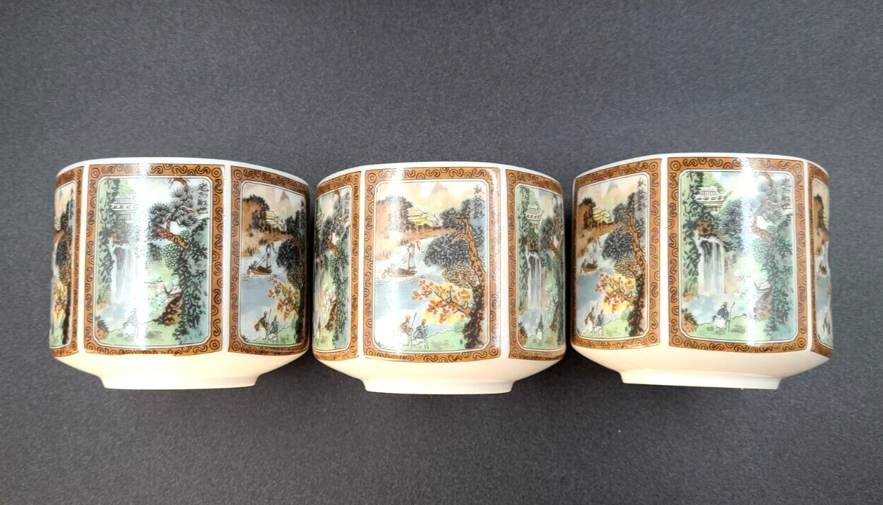 Seizan Fine China 6sided SAKE Tea Cups Set of 3 Asian Landscapes