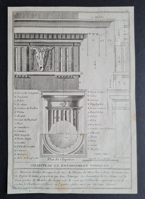 Antique c. 1775 print - Five Orders of Architecture- Doric Capital / Entablement