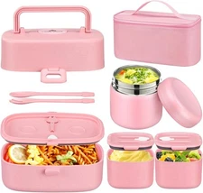 Bento Lunch Box with 8oz Soup Thermo for Kids Leak-Proof Food Containers Pink 