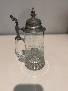 Vintage German Etched Glass Beer Stein with Pewter Lid