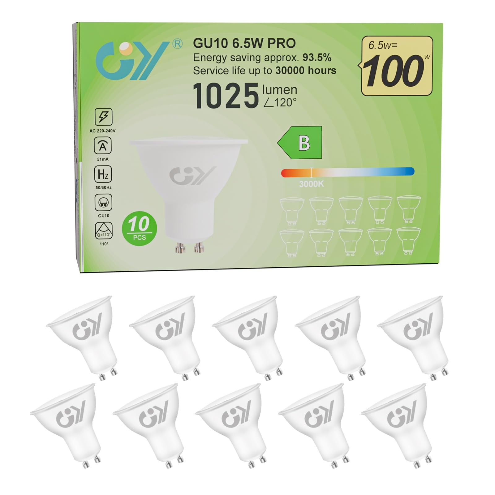 Lampadine LED GY GU10 6.5W 1025 Lumen 3000K - Alta Luminosità