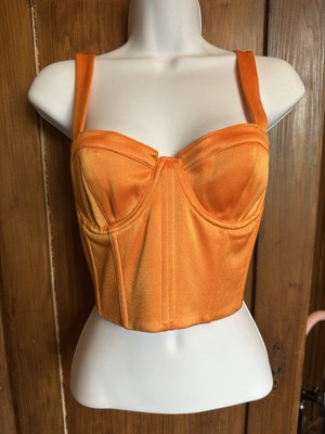 Alice + Olivia Bright Tangerine Orange Satin Bustier Corset Boned Crop Top 8