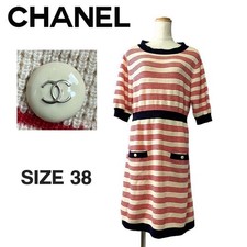 CHANEL Dress Cashmere Striped Knee Length M Cream Red Navy
