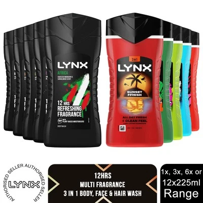 Lynx Shower Gel 12 Hours of Refreshing Fragrance 225ml, 1, 3, 6 & 12 Pack