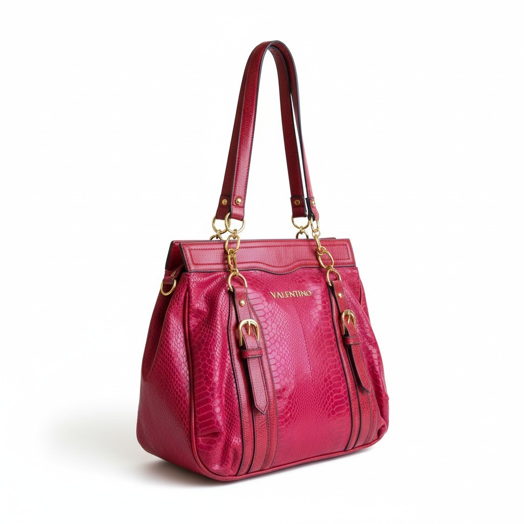 Valentino by Serendipity Red Faux Croc Satchel Shoulder Bag Gold
