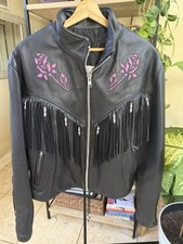 Vintage Motorcycle Leather Jacket Women's Purple Rose Fringe Made in USA Sz 18