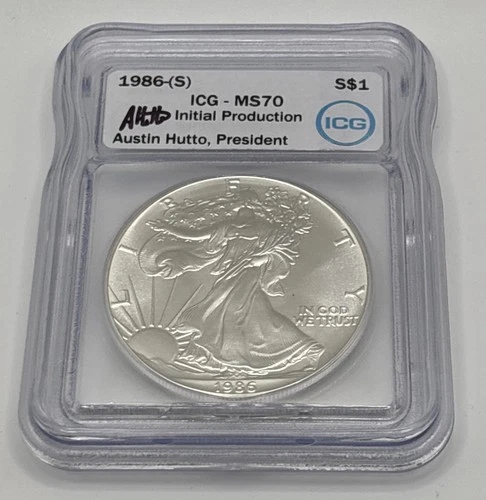 1986 S American Silver Eagle 1oz ICG MS70 Initial Production Hutto Signed