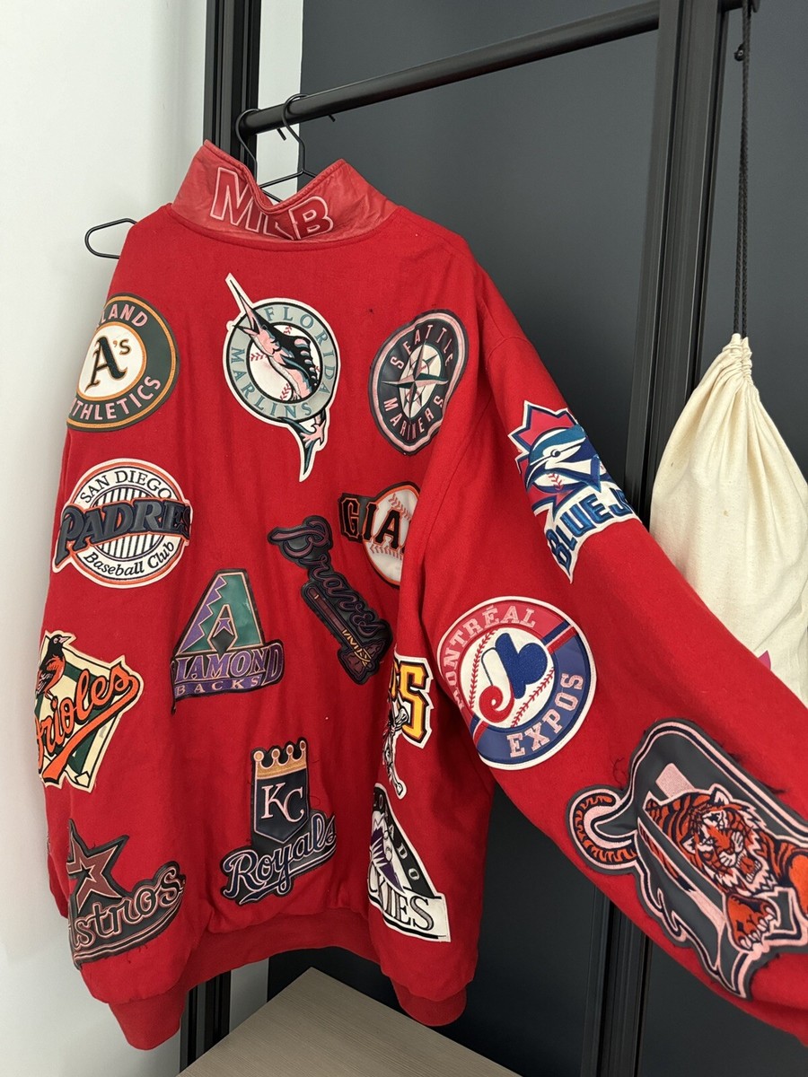 Jeff Hamilton MLB Logos Jacket Leather Trim RARE Vtg JH Design red