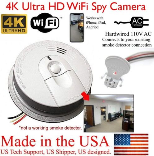 4K HD WiFi Smoke Detector Fire Alarm Spy Camera, Wired 120V Hidden Spy Cam 32GB - Afbeelding 1 van 8