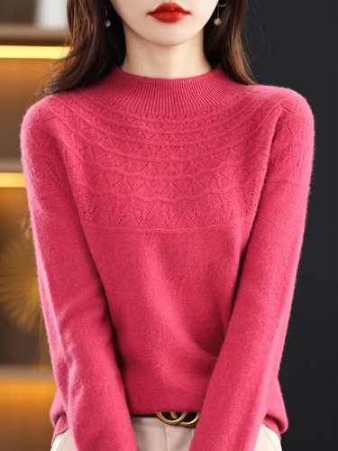 Women Sweater 100% Merino Wool Hollow Mock Neck Clothing Basic Tops
